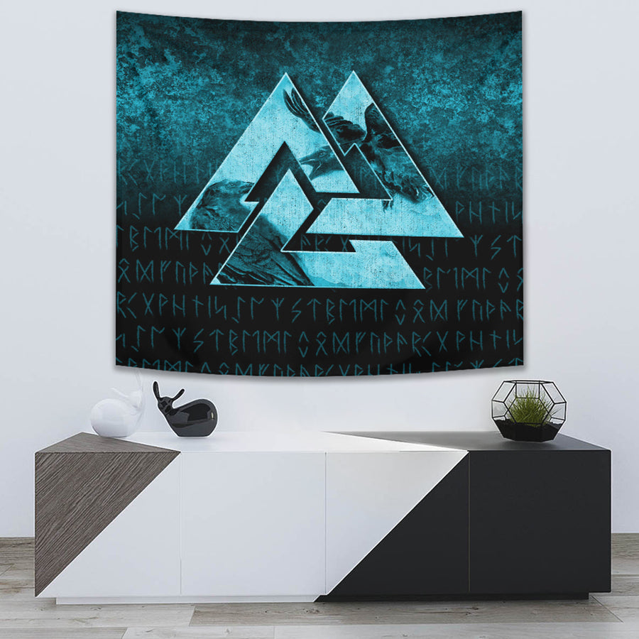 Ligerking Tapestry - Huginn Muninn Ravens from Odin Viking - Cyan Version Tapestry A7