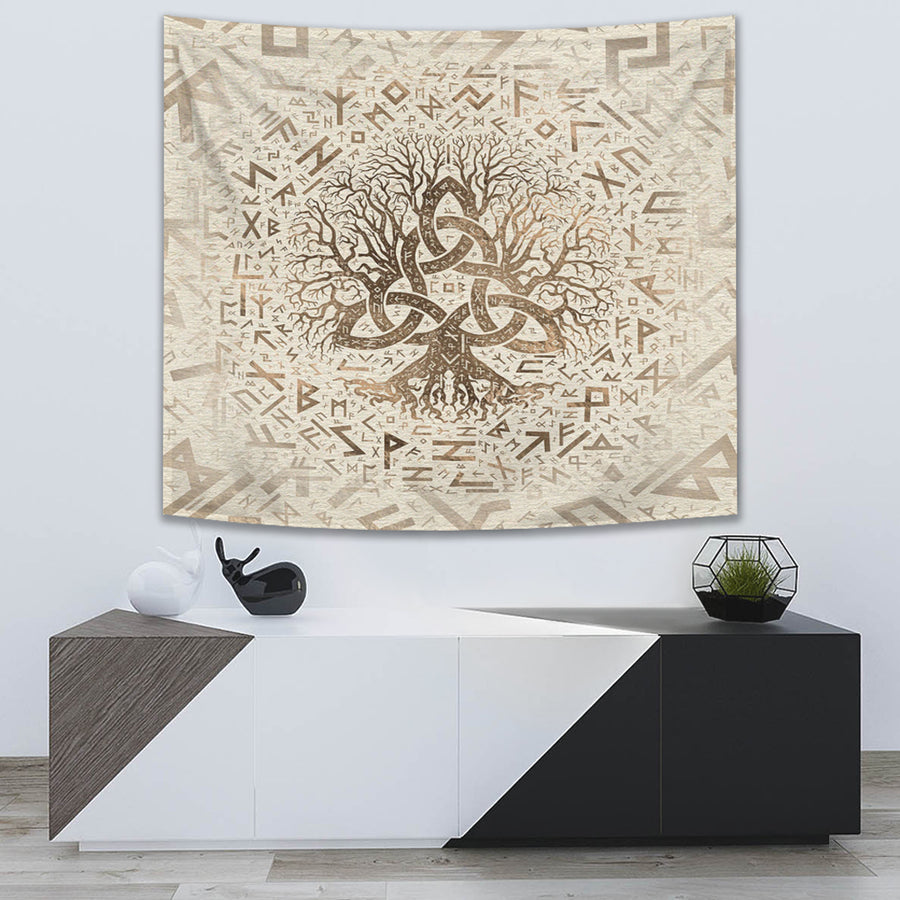 Ligerking Tapestry - Tree of Life with Triquetra and Futhark Pastel Gold Tapestry A7