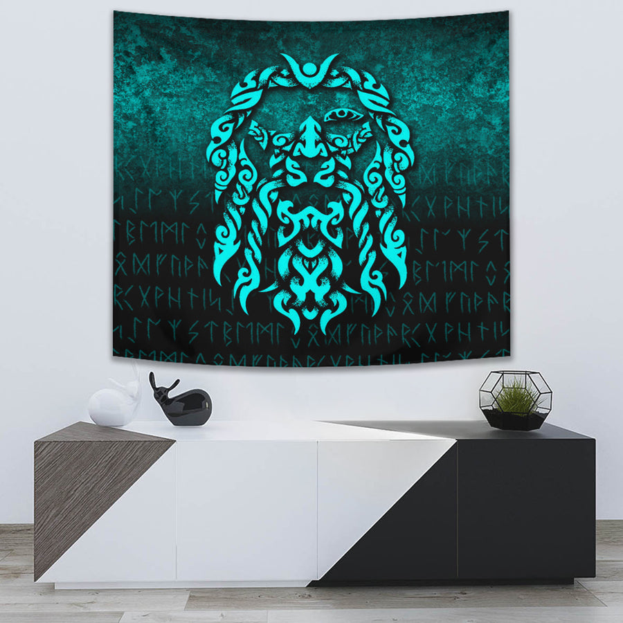 Ligerking Tapestry - Viking God Odin Allfather In Asgard Raven God - Cyan Version Tapestry A7
