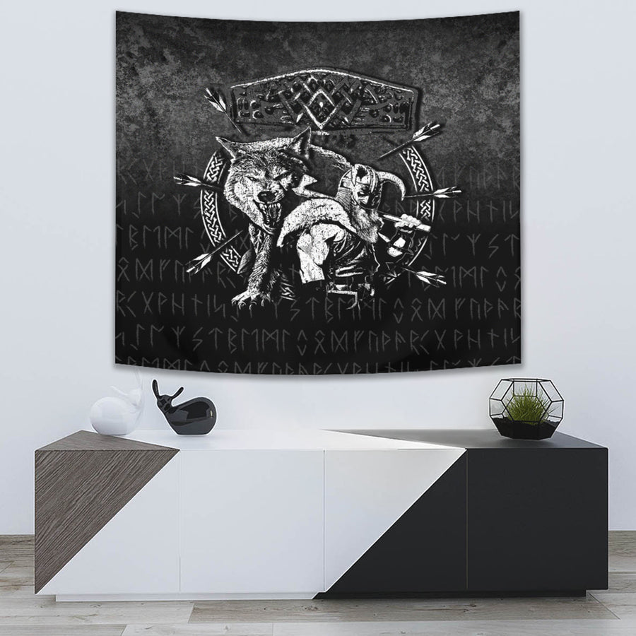 Ligerking Tapestry - Fenrir Wolf Of Odin Norse Runes Thor Hammer Mjolnir Tapestry A7