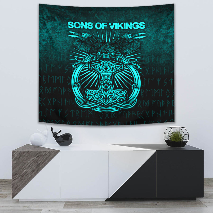 Ligerking Tapestry - Vikings Ravens Mjolnir - Cyan Version Tapestry A7