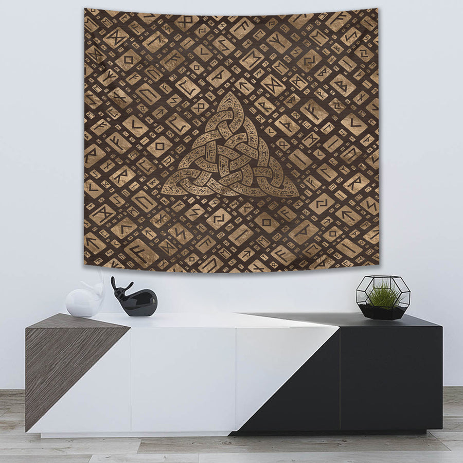 Ligerking Tapestry - Triquetra & Runic Alphabet Wood and Gold Tapestry A7
