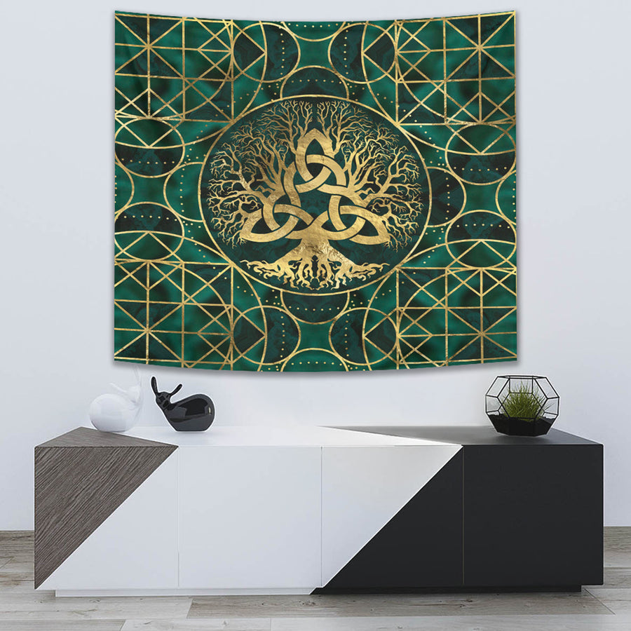 Ligerking Tapestry - Tree of Life with Triquetra Malachite and Gold Tapestry A7