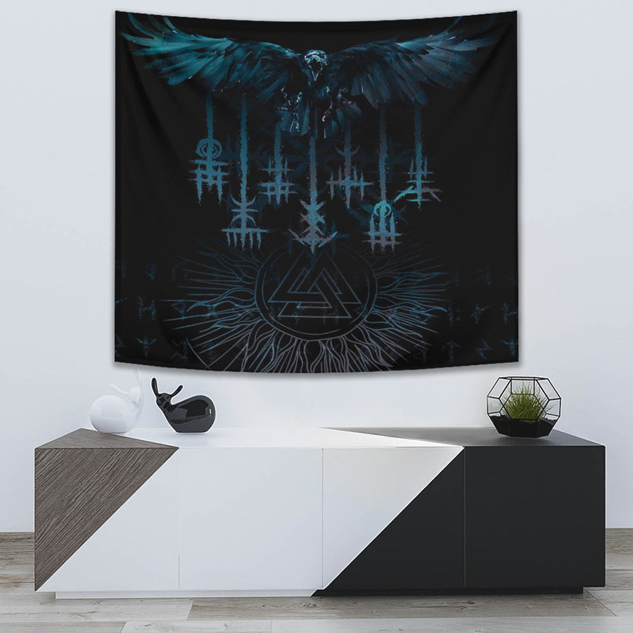 Ligerking Tapestry - Raven and Valknut Cyan Style Tapestry A94