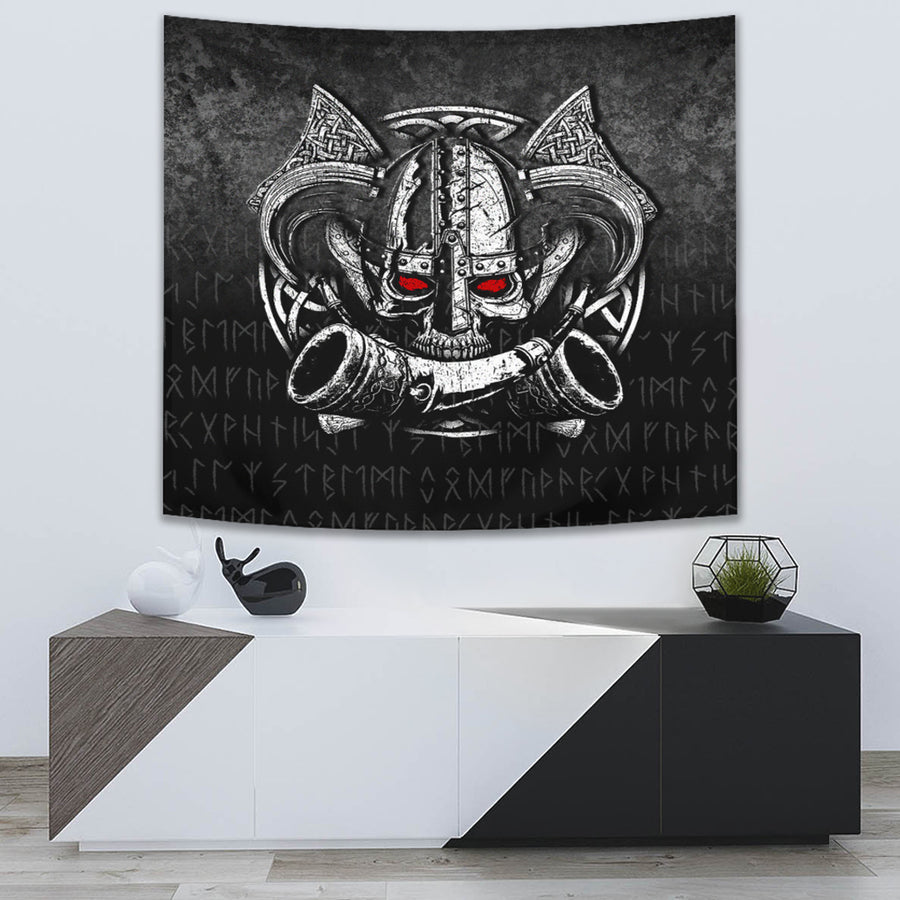Ligerking Tapestry -Nordic Mythology Skull Mead Horn Warrior Runes Viking Tapestry A7