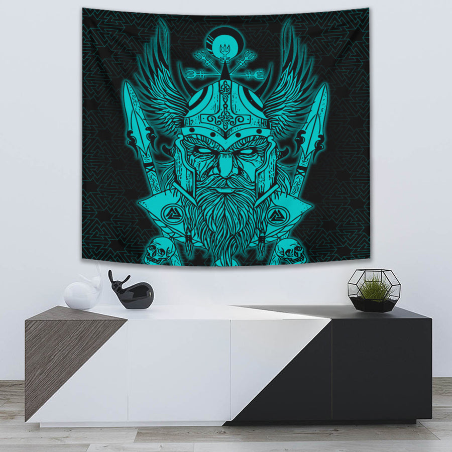 Ligerking Tapestry -Odin And Raven Turquoise Text Viking Homeset Tapestry A95
