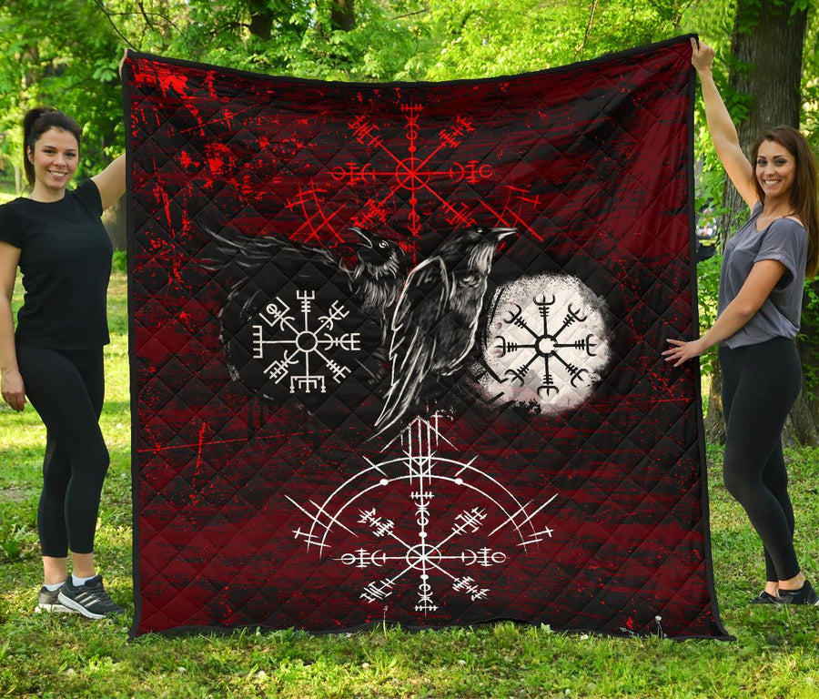 Ligerking - Premium Quilt Raven of Odin and Symbol Viking on Blood Background A27