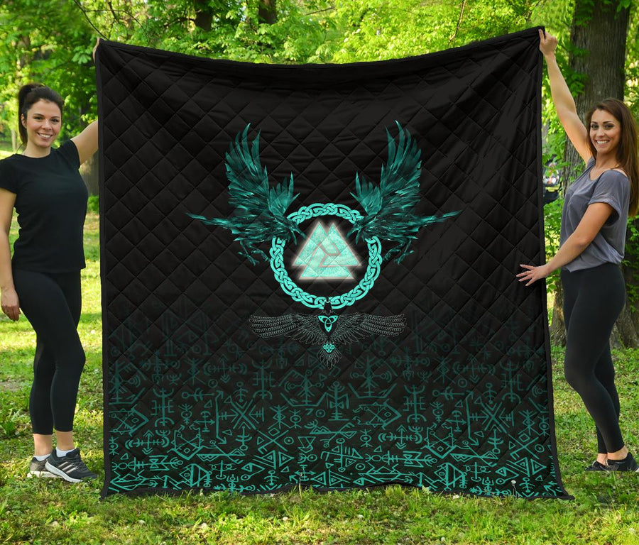 Viking Premium Quilt Three Raven and Valknut Cyan A27