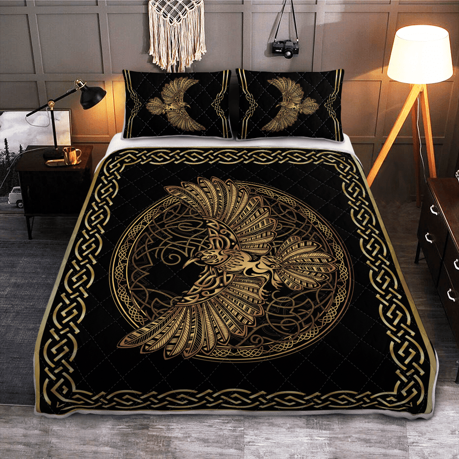 Ligerking Quilt Bed Set - ODIN'S CELTIC RAVEN ON THE BACKGROUND YGGDRASIL TREE - VIKING QUILT BEDDING SET