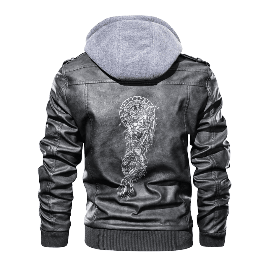 Ligerking - Viking Odin Raven and Fenrir Tattoo Symbol Leather Jacket A35