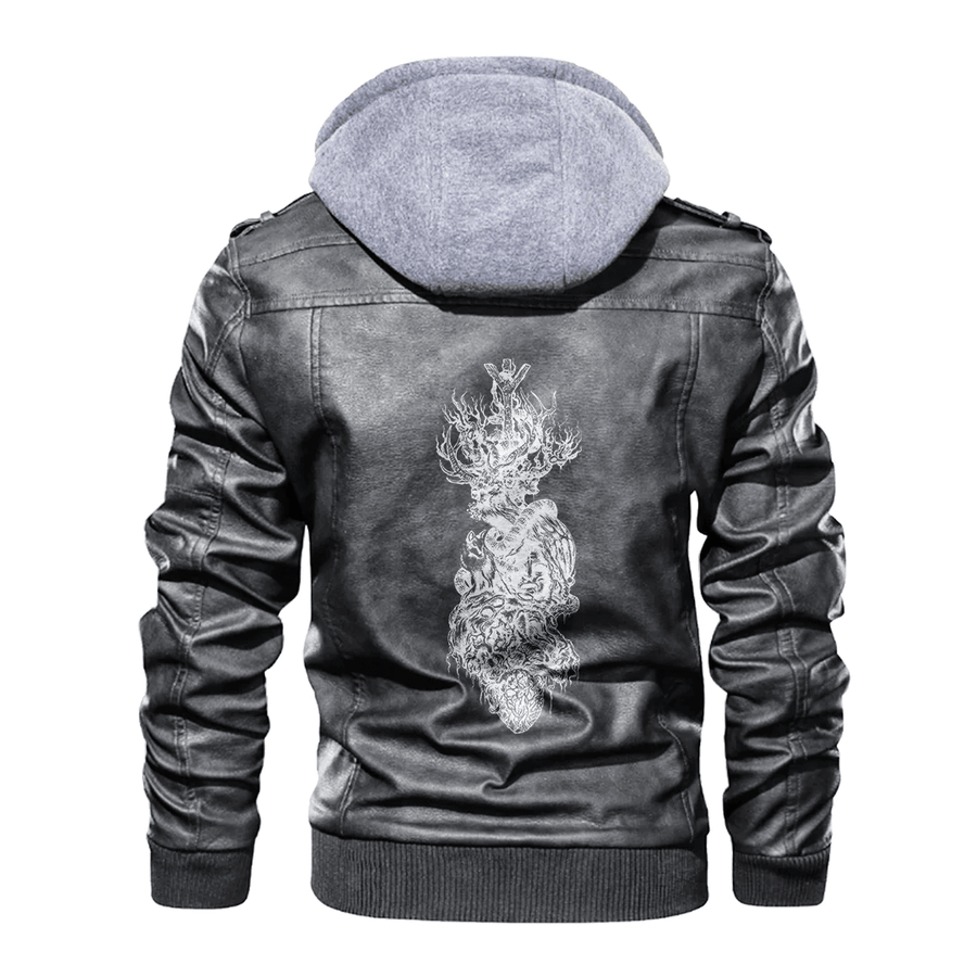 Ligerking - Viking Yggdrasil Heart Tattoo Leather Jacket A35