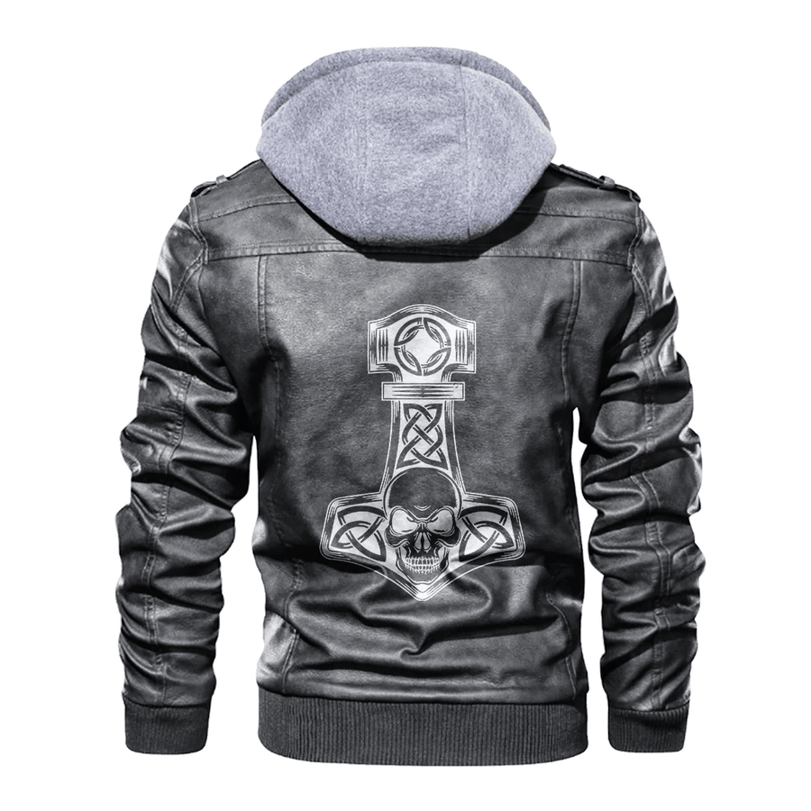 Ligerking - Viking Mjolnir and Skull Leather Jacket A35