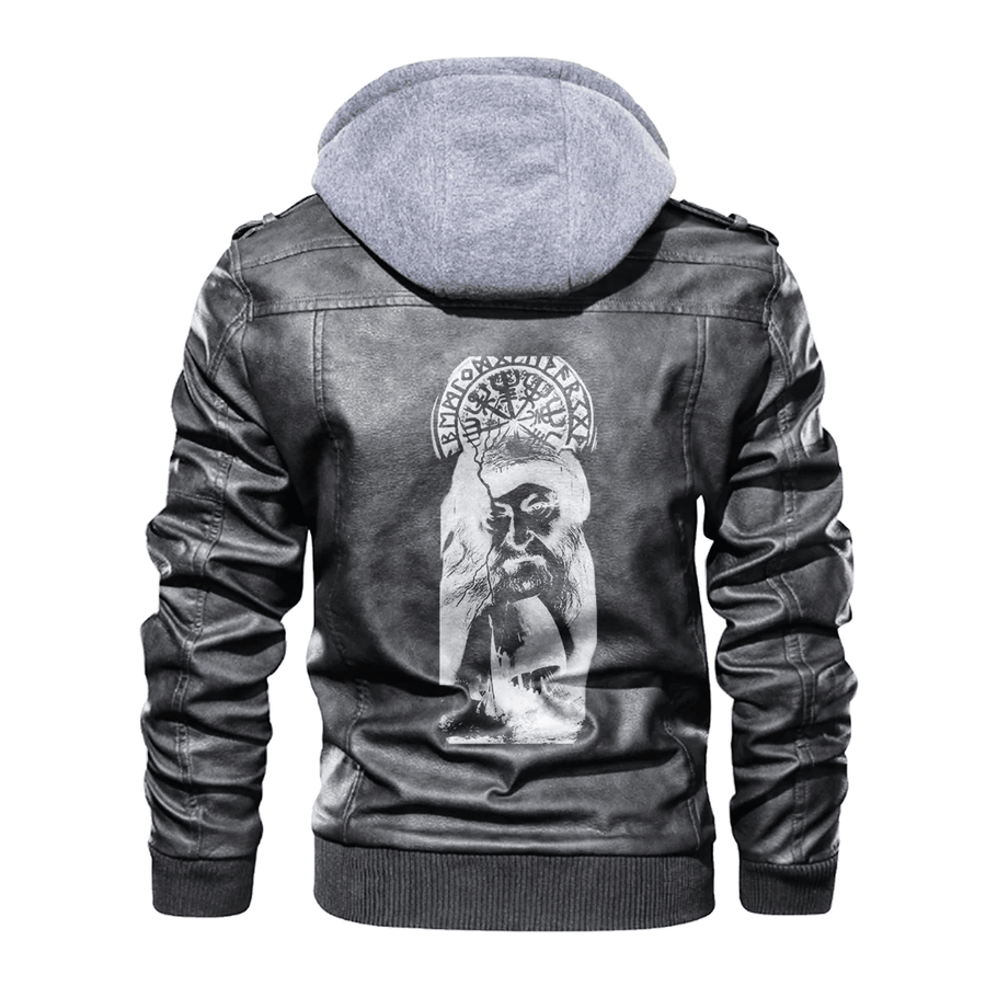 Ligerking - Viking Odin Vegvisir and Drakkar Leather Jacket A35