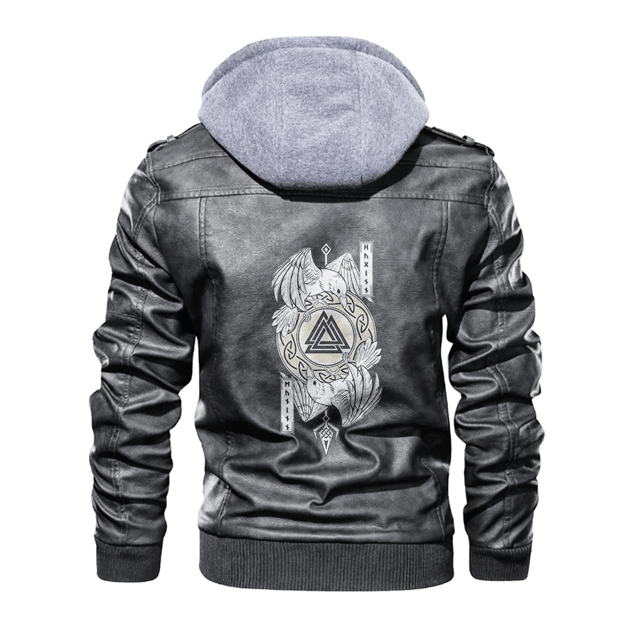 Ligerking - Viking Huginn and Muninn Raven Valknut Leather Jacket A35