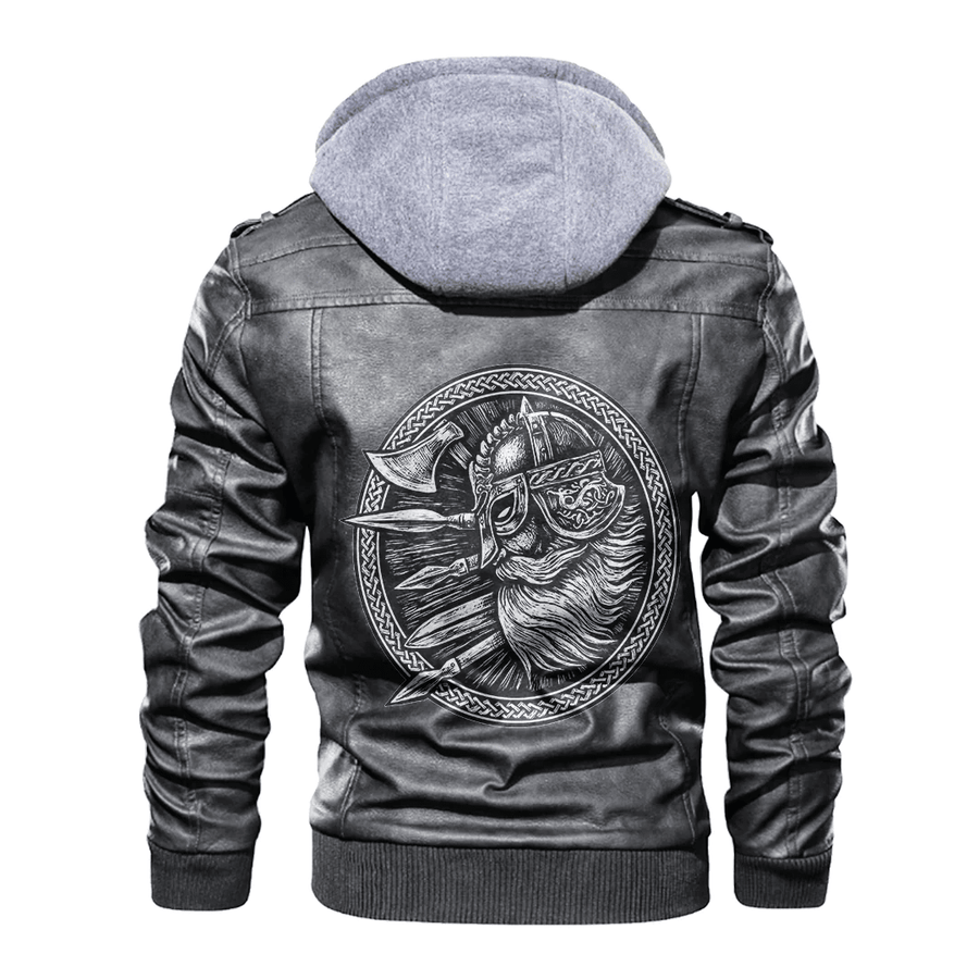 Ligerking - Viking Viking Beard Shield and Weapons Leather Jacket A35