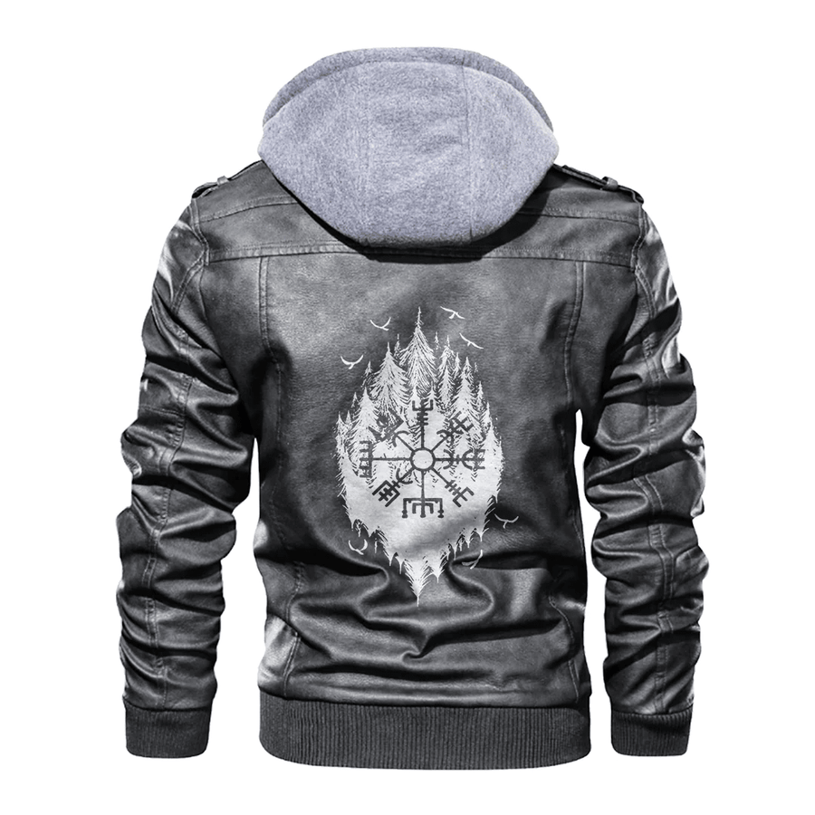 Ligerking - Viking Vegvisir and Pine Forest Leather Jacket A35