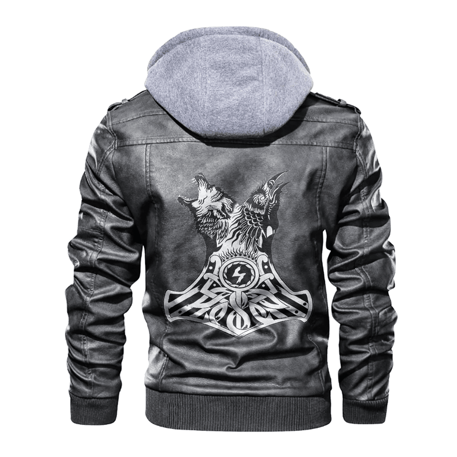 Ligerking - Viking Wolf,Raven and Mjolnir Leather Jacket A35