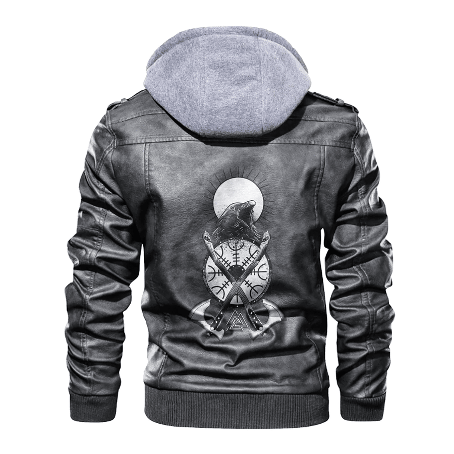 Ligerking - Viking Raven,Sun,Axes and Shield Leather Jacket A35