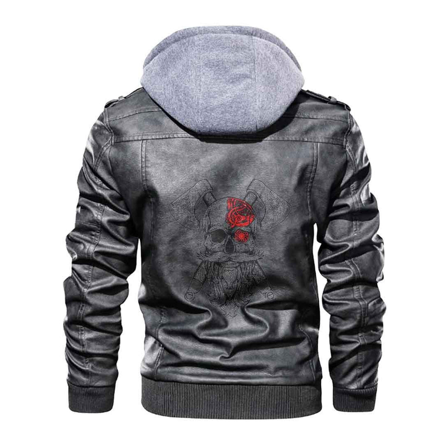 Ligerking - Viking Skull and Axes Red Eye Tattoo Leather Jacket A35