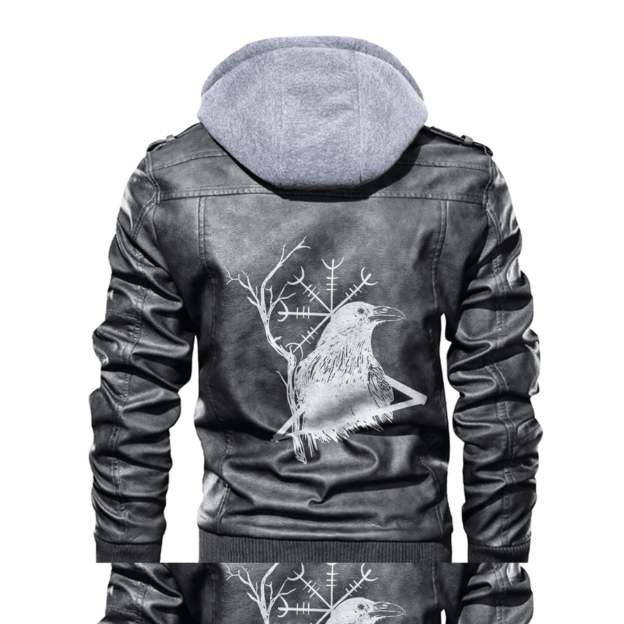 Ligerking - Viking Raven Rune and Helm of Awe Leather Jacket A35