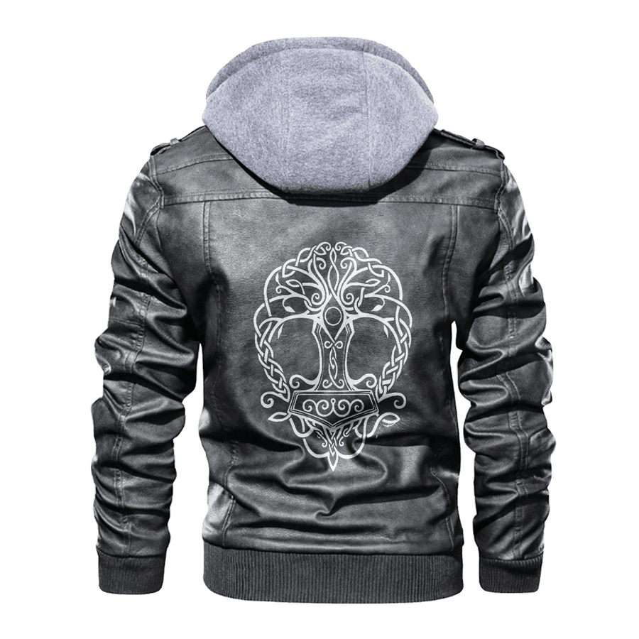 Ligerking - Viking Yggdrasil and Mjolnir Leather Jacket A35