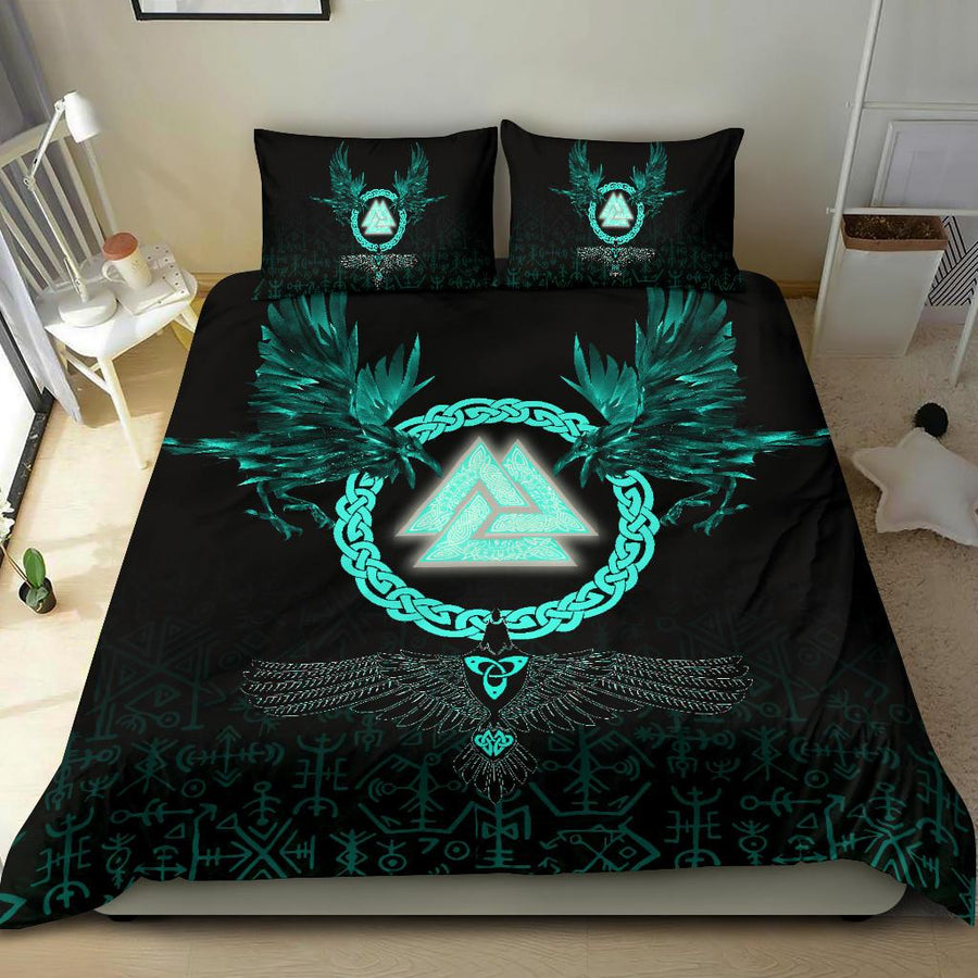 Viking Bedding Set Three Raven and Valknut Cyan A27