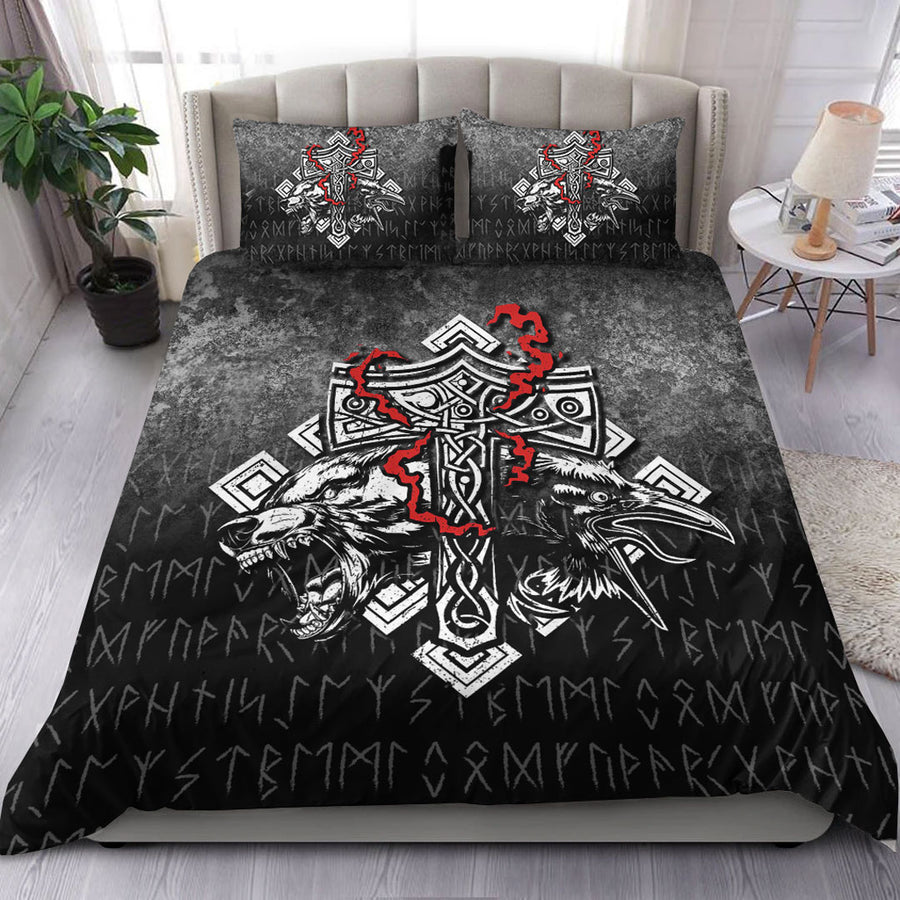 Ligerking Bedding Set -Thor-Hammer-Mjolnir-Rune-Protection-Odin-Raven-Viking Bedding Set A7
