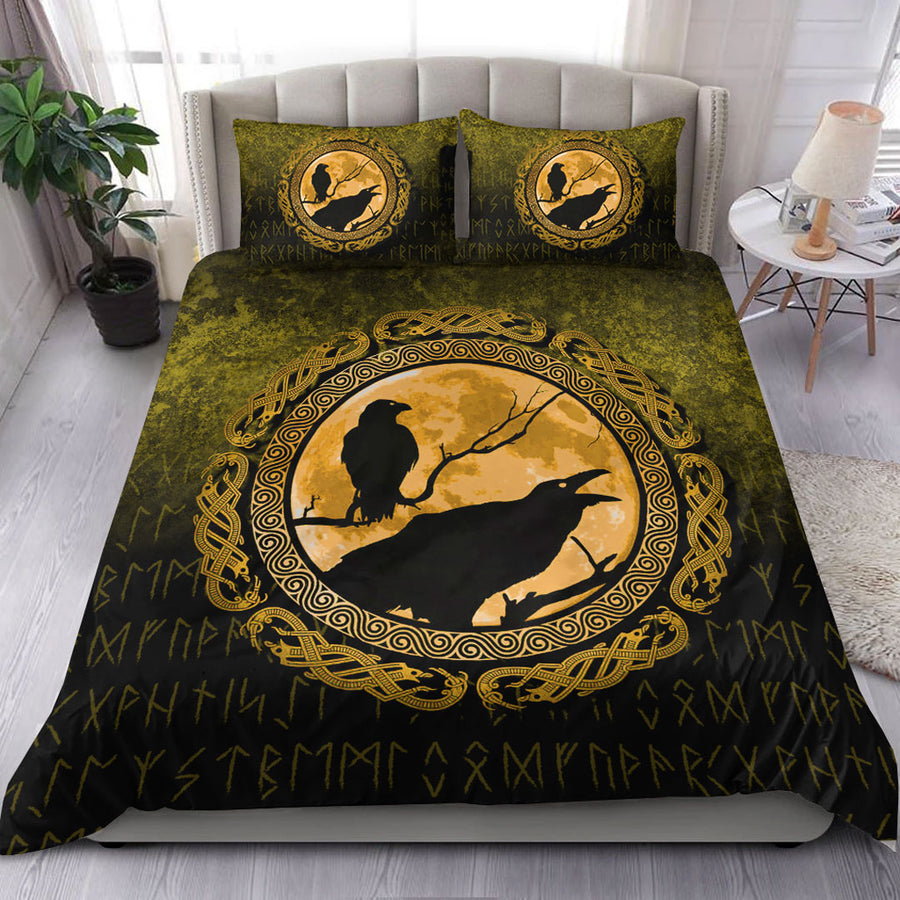 Ligerking Bedding Set - Vikings Huginn Muninn Odinâ€™s Ravens - Gold Version Bedding Set A7