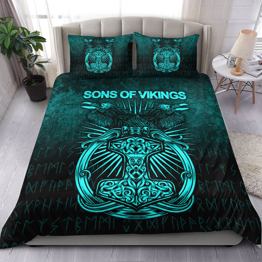 Ligerking Bedding Set - Vikings Ravens Mjolnir - Cyan Version Bedding Set A7