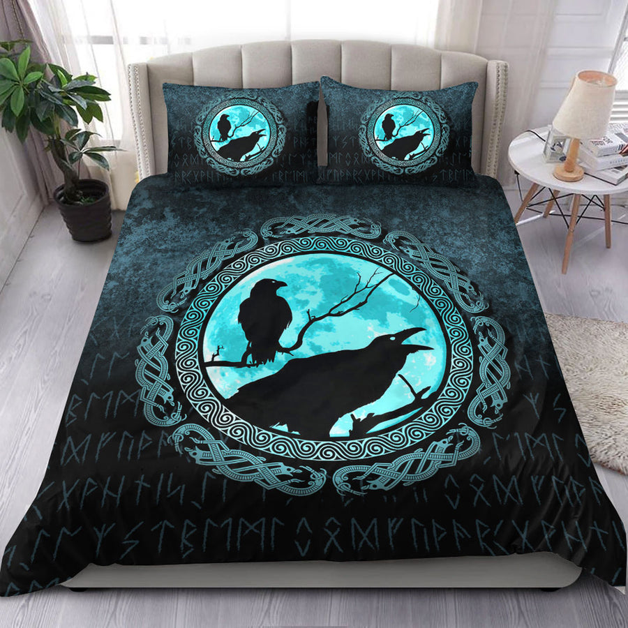 Ligerking Bedding Set - Vikings Huginn Muninn Odinâ€™s Ravens - Cyan Version Bedding Set A7