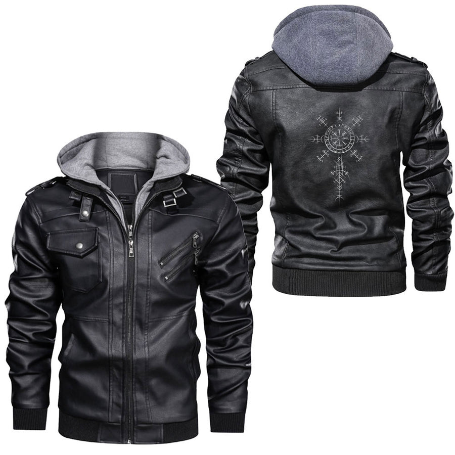 Ligerking - Classic Viking Symbols Compass Vegvisir Nordic Rune Celtic Leather Jacket A35