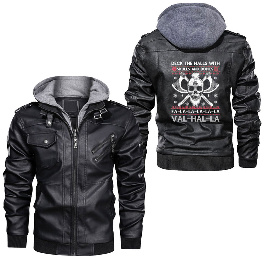 Ligerking -Deck The Halls With Skulls And Bodies Vikings Christmas Leather Jacket A35