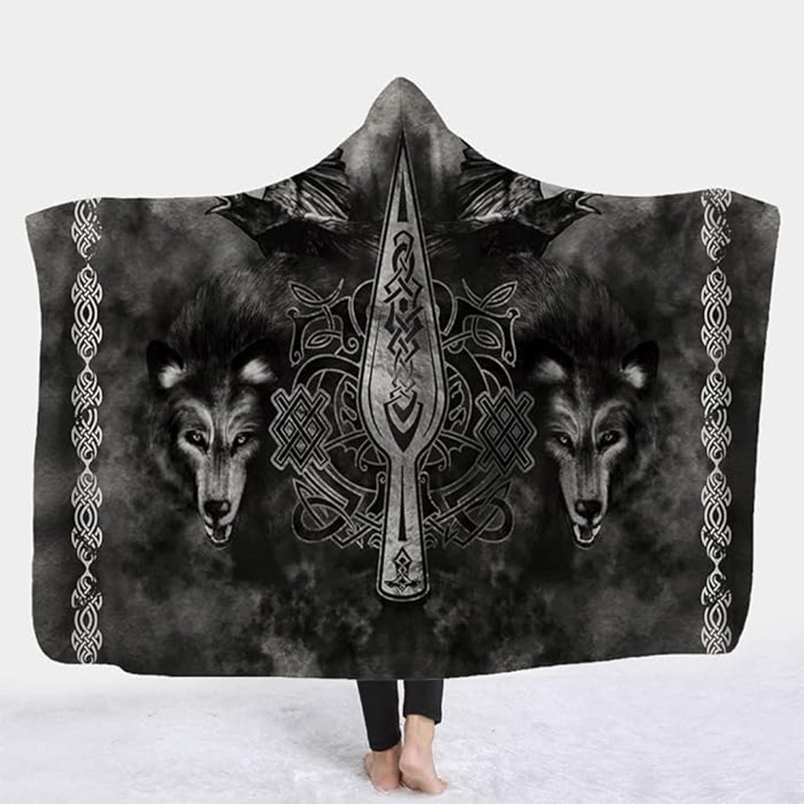 Ligerking Hooded Blanket - Double Wolf With Double Raven and Gungnir A35