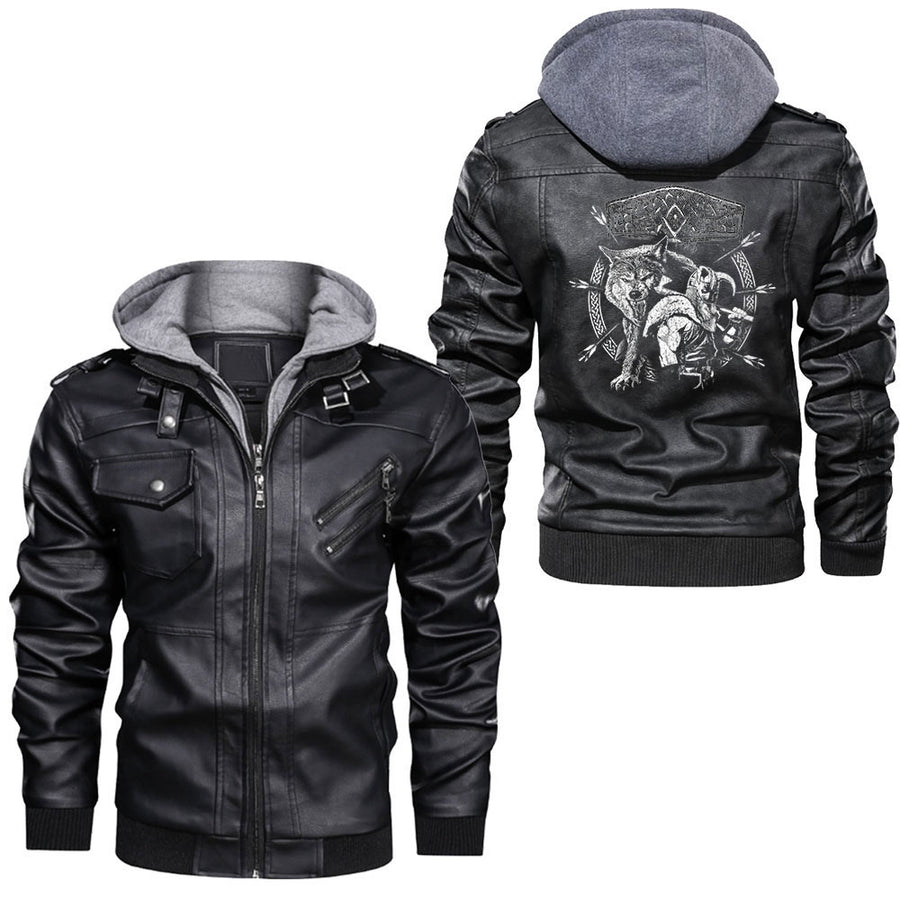 Ligerking - Fenrir Wolf Of Odin With Norse Runes Distressed Leather Jacket A35