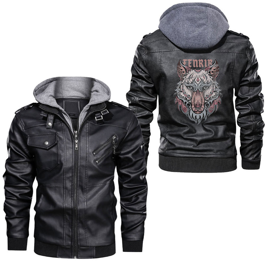 Ligerking - Fenrir Wolf Of Odin Norse Runes Thor Hammer Mjolnir Leather Jacket A35