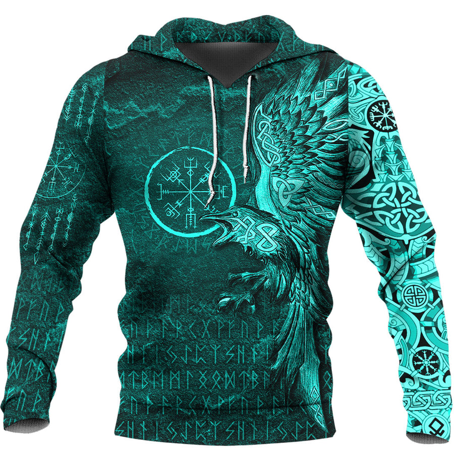Ligerking Hoodie - Vegvisir With Raven - Viking Compass Hoodie - Cyan Version A7