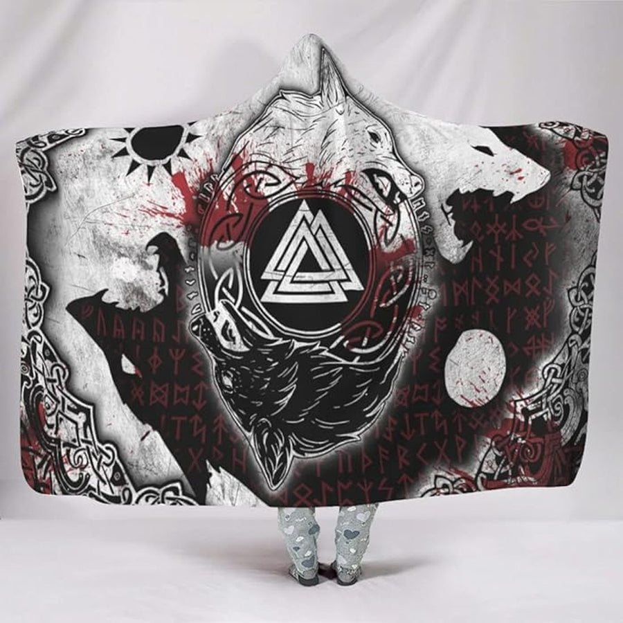 Ligerking Hooded Blanket - Skoll and Hati Valknut and Blood Rune A35