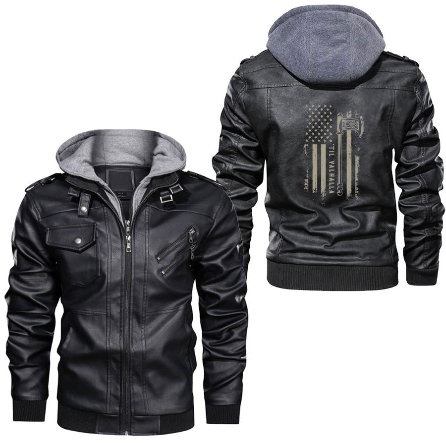 Ligerking - Til Valhalla Patriotic Viking US Flag Leather Jacket A35