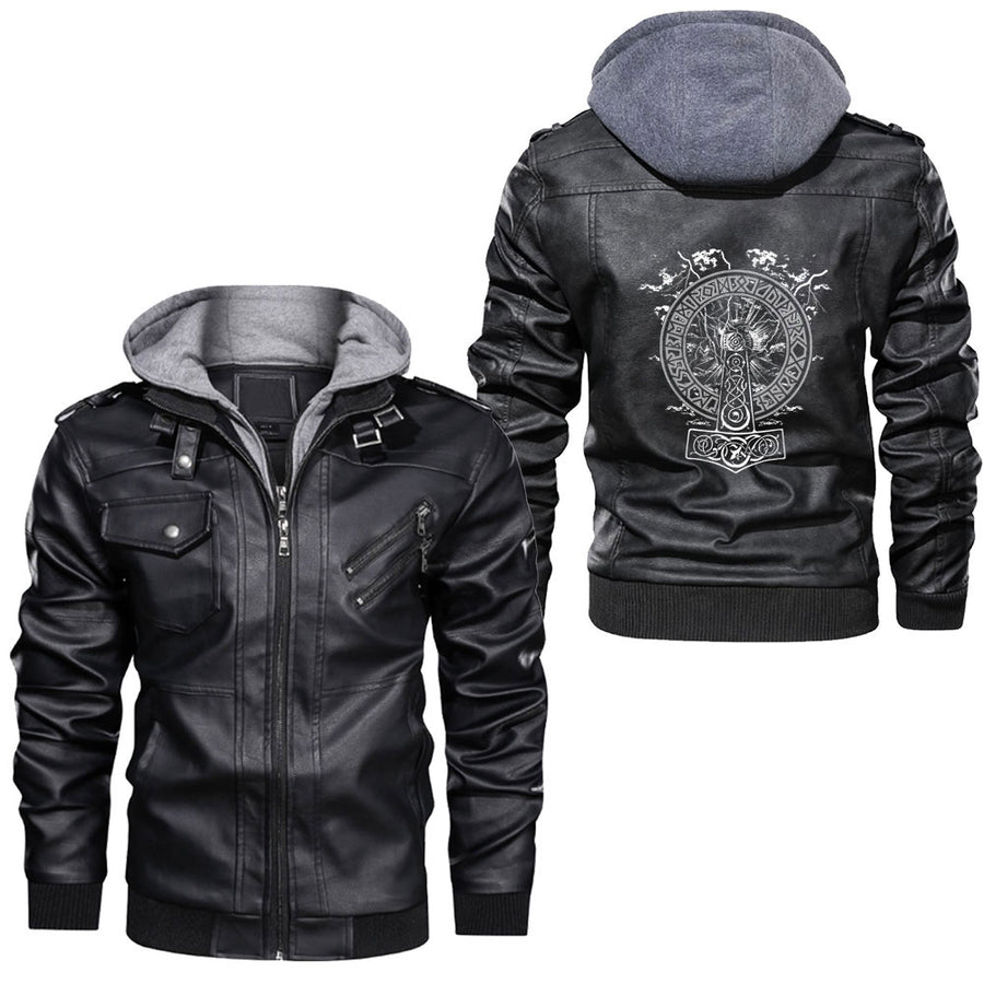 Ligerking - Vikings Skull Beard Runes Axe Leather Jacket A35