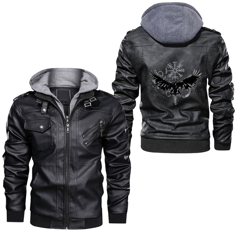 Ligerking - Vegvisir Viking Compass Raven Odins World Ash Tree Nordic Leather Jacket A35