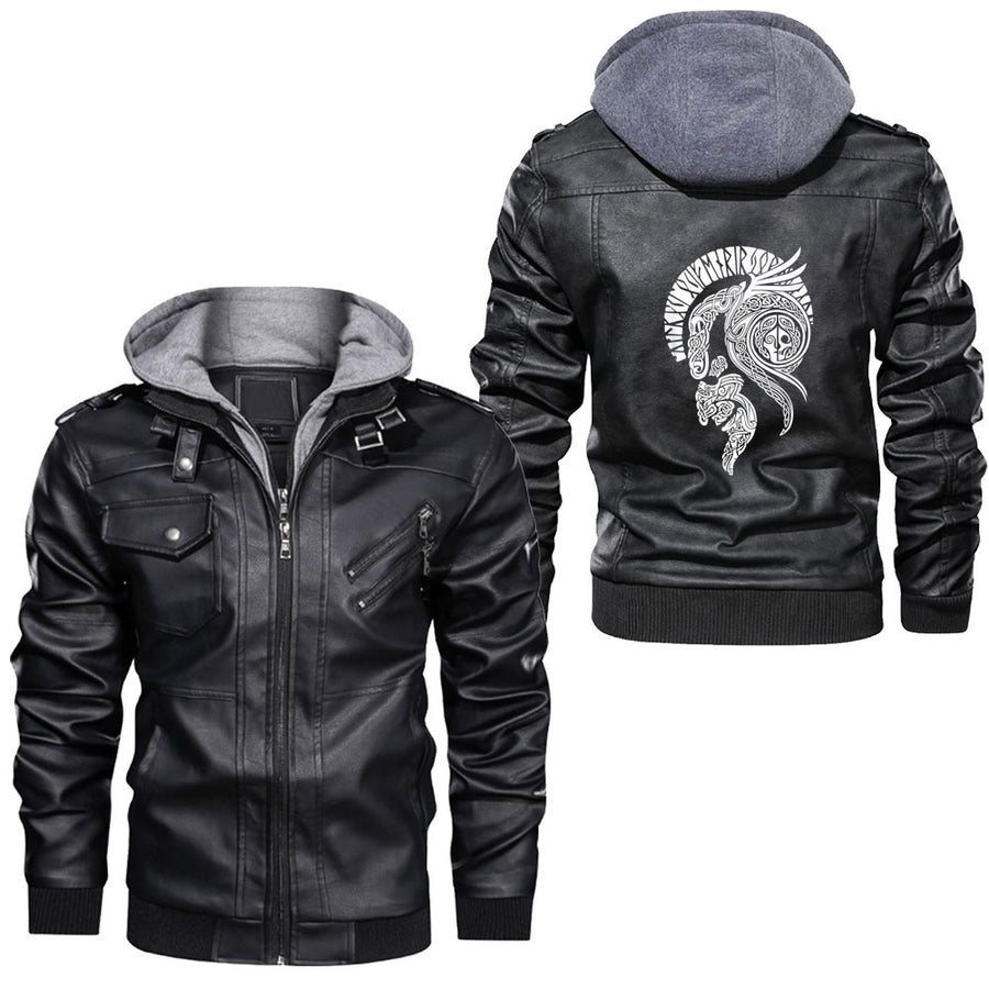 Ligerking - Viking Graphic With Raven Leather Jacket A35