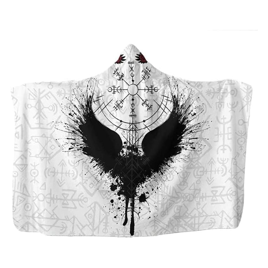 Ligerking Hooded Blanket - Viking Odin Tattoo Black on White A35