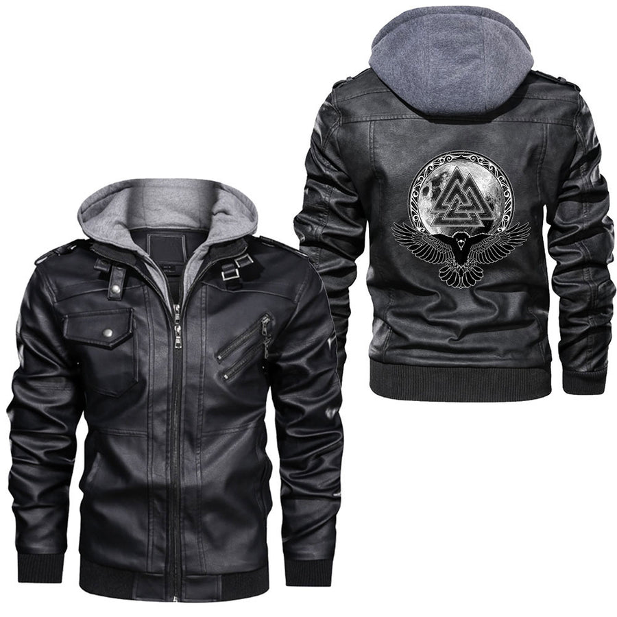 Ligerking - Viking Rune With Raven And Wolf Viking Ship Leather Jacket A35