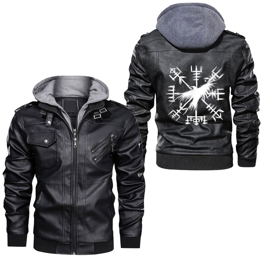 Ligerking -Viking Symbol Valhalla Raven V Neck Leather Jacket A35