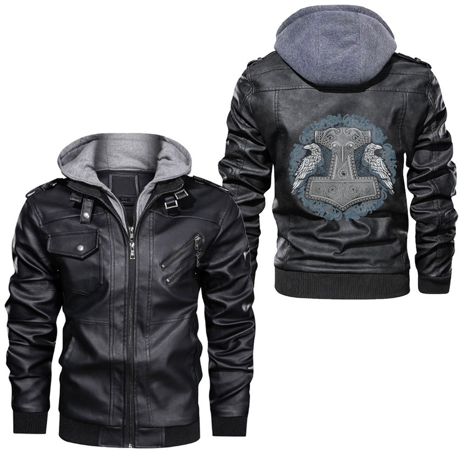 Ligerking - Viking Thors Raven Hammer Pagan Norse Red Leather Jacket A35