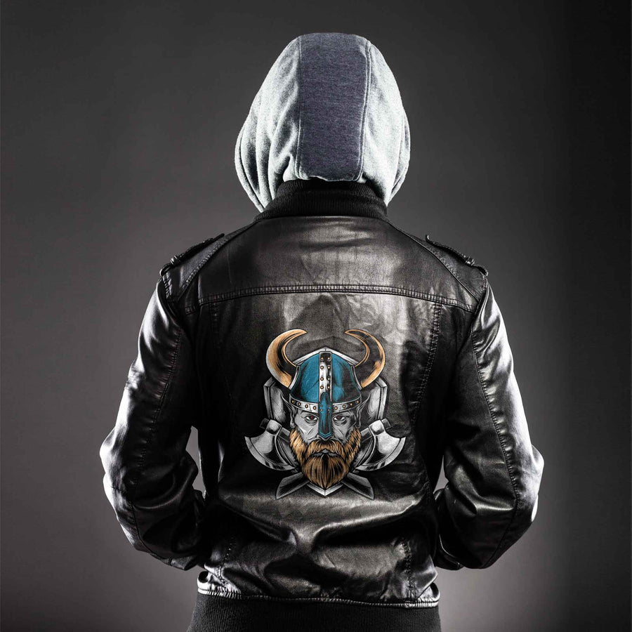 Ligerking - Viking Odin Head Ornament Nordic Leather Jacket A35