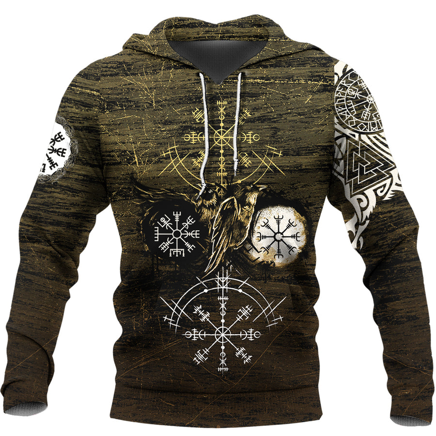 Ligerking - Hoodie Raven of Odin and Symbol Viking on Gold Background A27