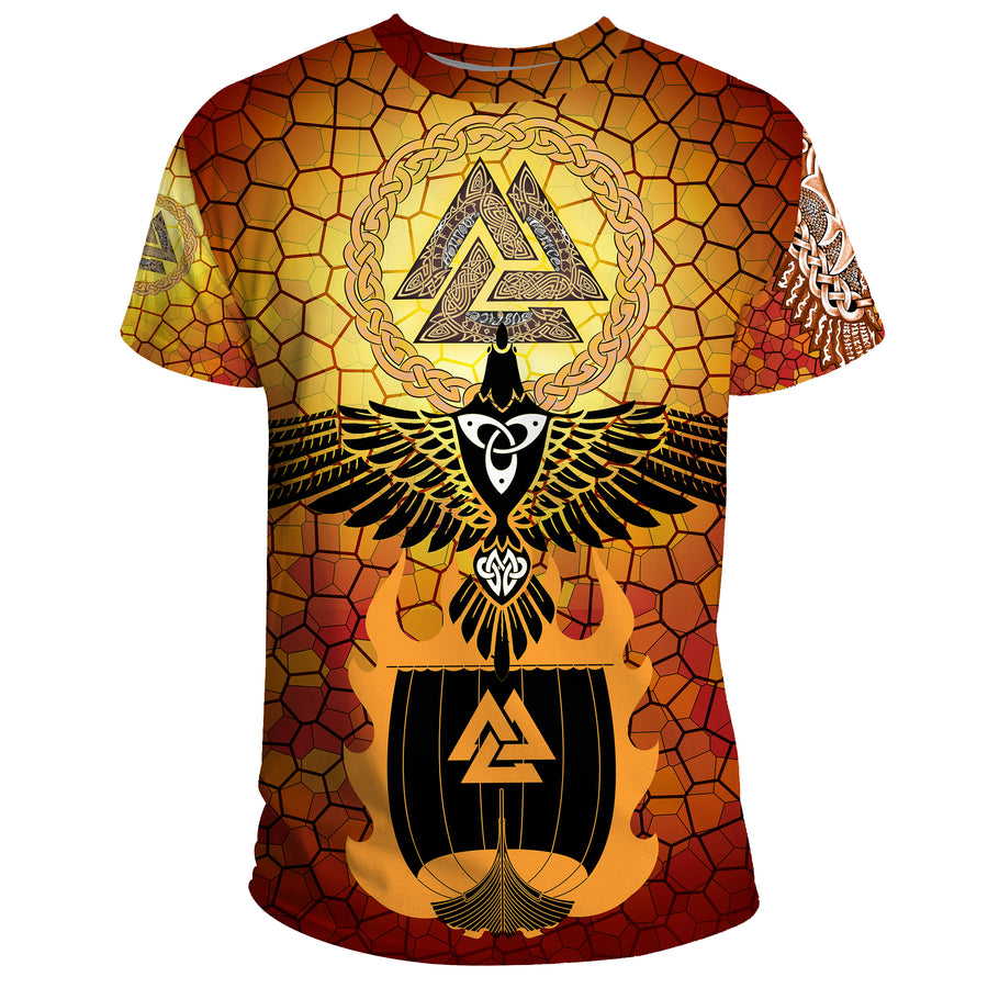 Ligerking T-Shirt - Raven Of Odin And Drakkar On Fire On Vignette Gold Valknut A27