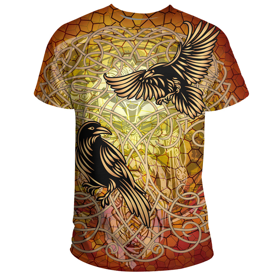 Ligerking - Celtic Symbol T-Shirt - Huginn and Muninn of Odin on Yggdrasil Gold A27