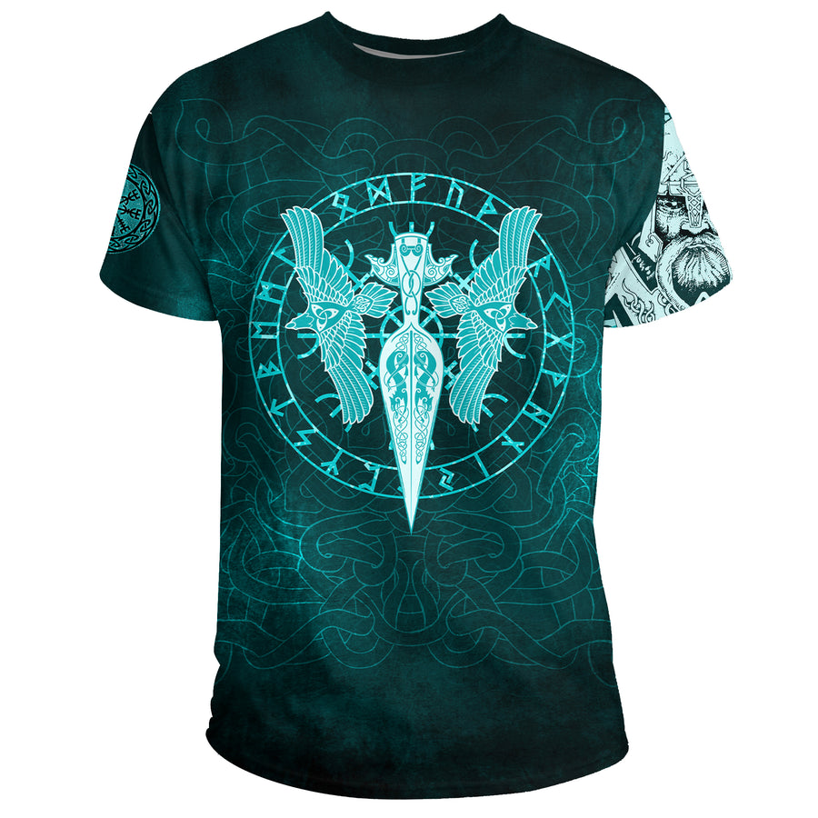 Ligerking T-Shirt - Cyan Spear Of The God Odin - Gungnir And Two Cyan Ravens Style A27